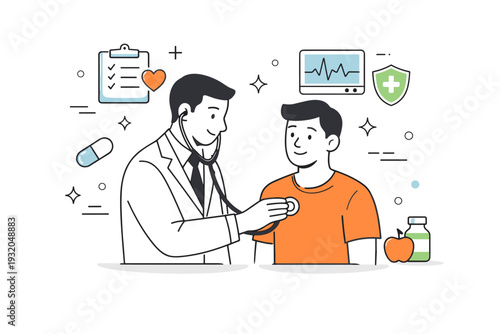 Medical check-up. Doctor using a stethoscope to examine a patient with calm expressions, soft abstract shapes and icons enhancing friendly professional