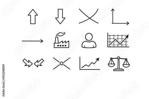Supply and demand. Line icon set of supply and demand: upward supply arrow, downward demand arrow, intersecting curves, price axis, quantity axis, producer