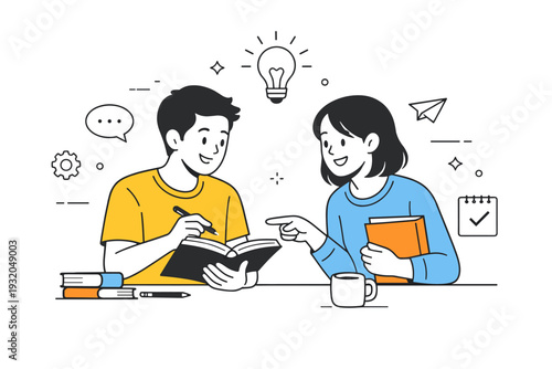 Collaborative education and learning. Two students discussing notes and sharing ideas, calm teamwork and supportive learning environment. Minimalist flat