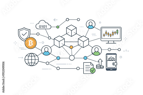 Blockchain and cryptocurrency graphics. Abstract network of nodes and lines representing data flow and decentralization. Calm high-tech feeling with plenty of