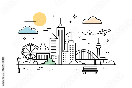 City travel editorial backdrop. Simplified skyline silhouettes with abstract sun and cloud shapes, forming a clean editorial scene. Modern and approachable