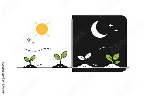 Seasonal balance. An abstract editorial scene showing equal sun and shadow areas with simple plants beginning to grow. The illustration conveys harmony,