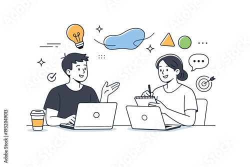 Startup co-founders collaboration. Two partners discussing ideas with laptops and notes, showing open communication and shared vision. Floating abstract shapes