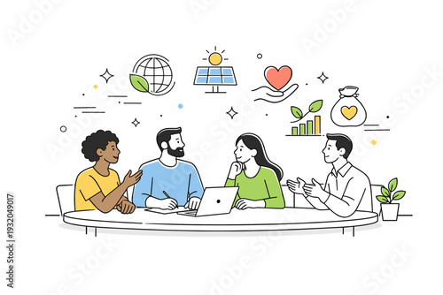 Socially responsible finance. A group of people discussing investment opportunities with ethical impact, subtle abstract icons for sustainability and growth