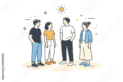 People standing in sunlight. A small group pauses in a sunlit area, relaxed postures, hands in pockets or at sides. Feeling of warmth and stillness, everyday