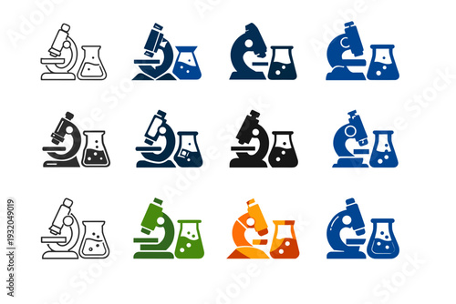 Chemistry lesson. Icon set. Set Logo of Chemistry lesson: microscope with beaker. harmonious logo variations of the same emblematic concept, each