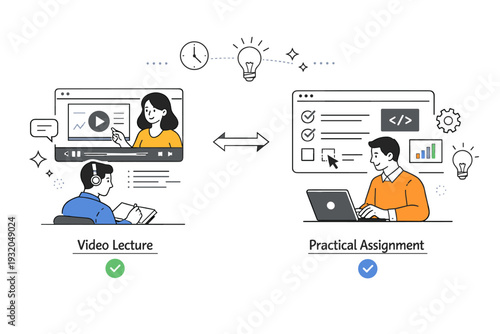 Professional development online courses. Professional switching between video lecture and practical assignment on a digital dashboard. Balanced learning