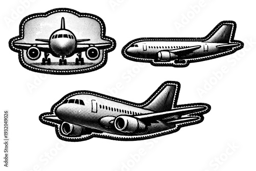 Black white halftone travel patch set airplane patch An airplane travel patch emblem is shown as a single object from three different views: front view, side