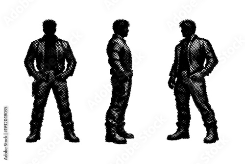 Pop culture halftone character silhouette A character silhouette object shown in three views including straight-on view, angled view, and three-quarter