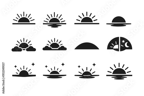 Sunrise and Sunset. Solid icon set of Sunrise and Sunset: rising sun, setting sun, horizon line, sun rays, half sun above horizon, half sun below horizon,