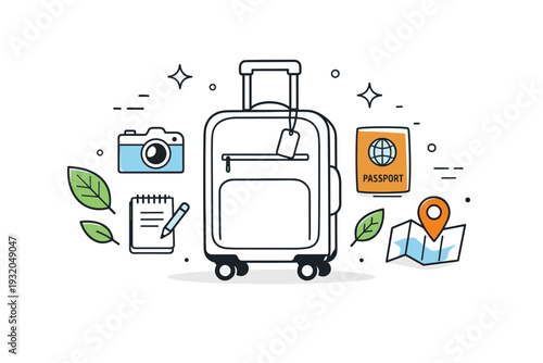 Travel concept. Suitcase surrounded by travel icons like camera, passport, and leaves. Thoughtful preparation and discovery expressed with restraint.
