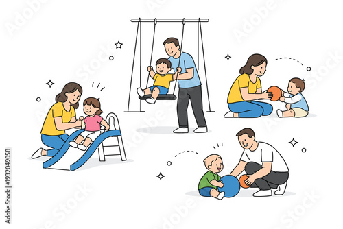 Family outdoor play illustration. Minimal scene of parents assisting toddlers on small slides, swinging, and interacting with balls, showing calm and joyful