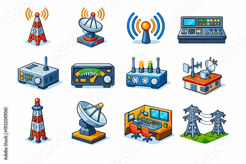 Radio Transmitter. Colorful isometric vector icons set of Radio Transmitter: radio tower, broadcasting antenna, signal wave icon, control room panel,