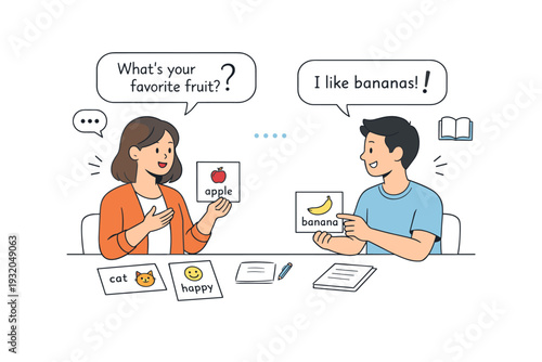 Language tutoring lesson. A tutor and student practicing conversation with speech bubbles and simple word cards. Friendly educational exchange with emphasis on