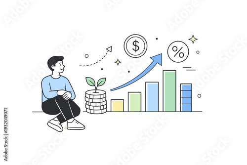 Passive income and growth. Abstract arrows, bars, and symbols rise smoothly while a character observes calmly, representing steady financial progress. The mood