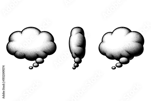 Comic thought bubble shown as a single object presented in three views: front view, side view, and three-quarter view. Black and white dot style with halftone
