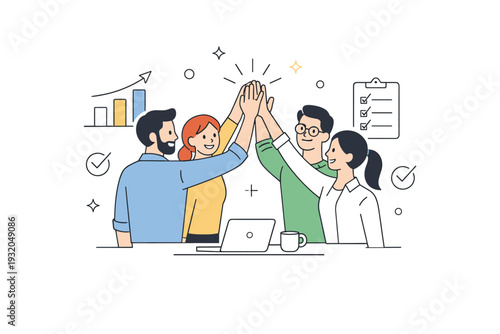 High five project success. A calm editorial scene of a team celebrating a finished project with a collective high five. Charts or checkmarks subtly reinforce