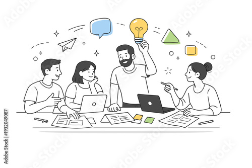 Design sprint teamwork. Designers gathered around a table with laptops and sketches, actively brainstorming solutions. Floating shapes suggest ideas and