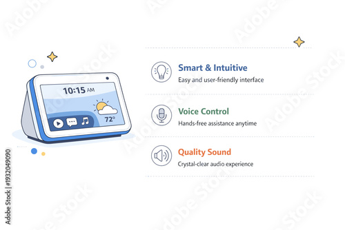 Product marketing banner. Simple product card or device mockup placed next to text blocks and soft decorative accents. Clean focus on features and value