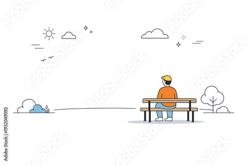 Single person in wide frame. A person sitting on a bench at the edge of a large empty park area. The wide composition highlights stillness, pause,