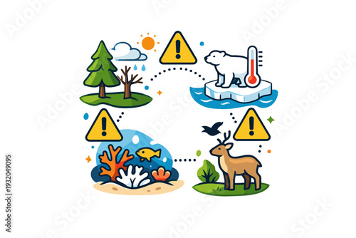 The impact of climate change on global ecosystems illustrated as a compact badge with icons of trees, coral, and wildlife connected by warning symbols,