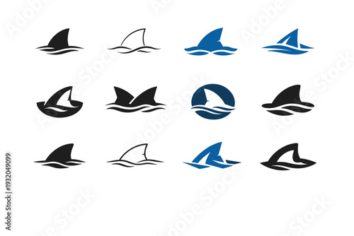 Sharks. Icon set. Set Logo of Sharks: shark fin above water. harmonious logo variations of the same emblematic concept, each with different artistic