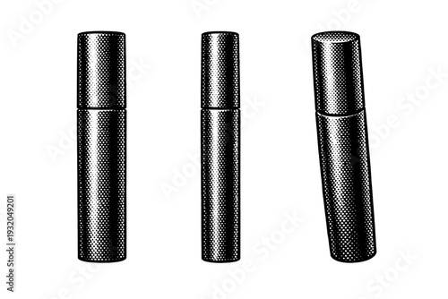 Mascara tube makeup icon represented as one standalone cosmetic object displayed in frontal view, profile view, and three-quarter view emphasizing cylindrical