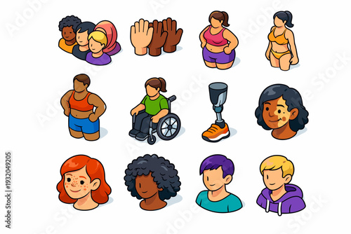 Inclusive Beauty Standards. Colorful isometric vector icons set of Inclusive Beauty Standards: diverse faces group, different skin tones, body positivity