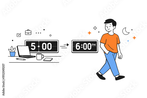 Workday transition to personal time. Digital clock turning from work hours to evening time, with a character smiling softly and stepping away from the desk.