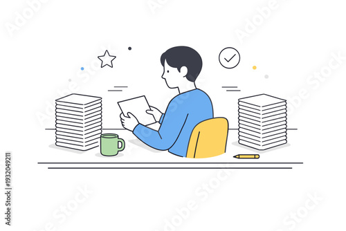 Monotony but calm. Person repeating the same simple task at a desk, identical papers neatly stacked and steady posture. Quiet rhythm of routine work with a