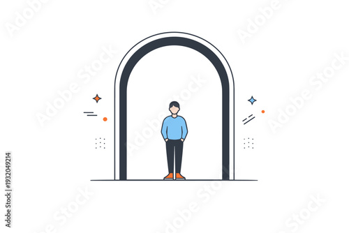 People framed by arches. A single person standing quietly within a large archway, centered and still. Architectural framing, calm presence, soft sense of scale