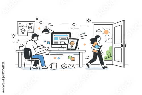 Creative process with open doorway. A design workspace with sketches and screens visible, door open to a quiet hallway or outdoor light. Sense of inspiration,