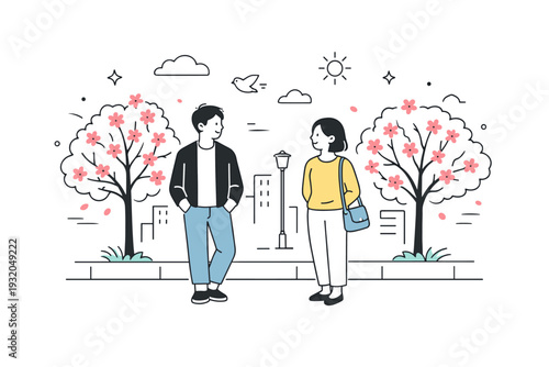 Spring smells in city air. Two people stand near blooming trees on a sidewalk, relaxed posture, quiet awareness of surroundings. Urban calm mixed with nature,