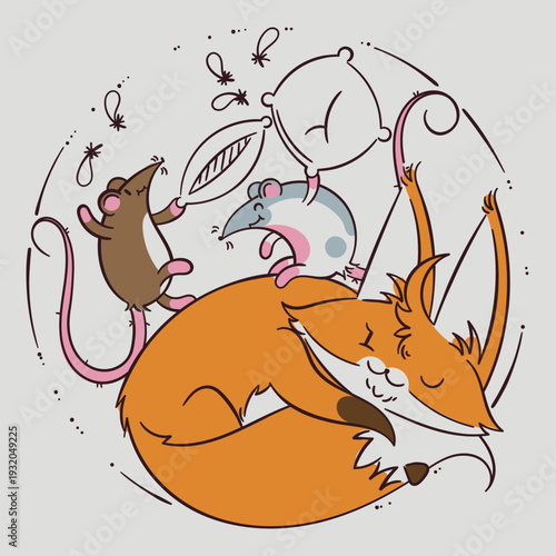 Pillow fights while the adult sleeps. Quiet morning games. Rats play fighting on the fox's back. A cartoon fox drawn in a simple outline style. Vector illustration of a cheerful animal.