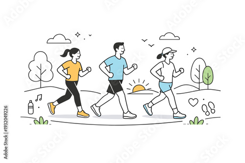 Morning social run. Casual joggers moving through a calm outdoor setting, no crowd, no rush. Fresh start, light movement, and shared routine. Minimalist flat