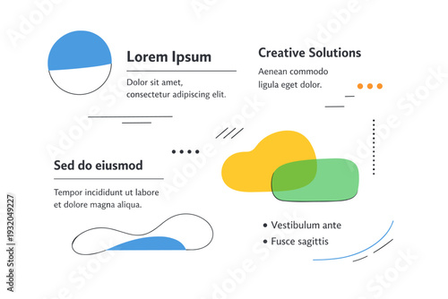 Asymmetrical compositions. A modern layout with text blocks and abstract forms unevenly distributed, guiding the eye naturally across the scene.