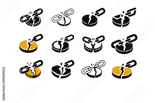Debtor's prison metaphor. Icon set. Set Logo of Debtor's prison metaphor: broken chain and coin. harmonious logo variations of the same emblematic concept,