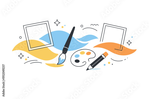 World Art Day abstract inspiration. Flowing abstract shapes, frames, brushes, and pencils interacting in a balanced composition, representing freedom of