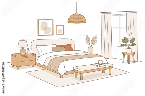 Quiet luxury bedroom interior. A serene bedroom with simple furniture, natural fabrics, and gentle daylight from a window. The scene suggests rest, harmony,