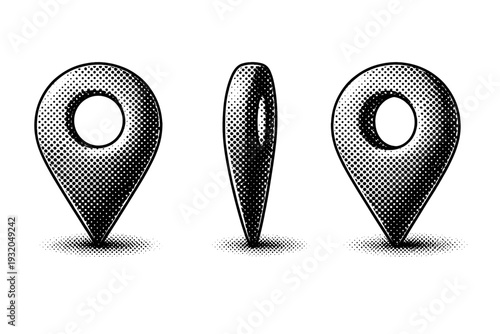 Point-of-interest map pin represented as one standalone icon shown in front-facing view, side-facing view, and three-quarter perspective for dimensional
