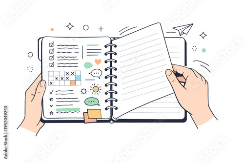 Half-used planners. Person flipping through a planner with some pages densely filled and others untouched. Visual contrast between structure and spontaneity