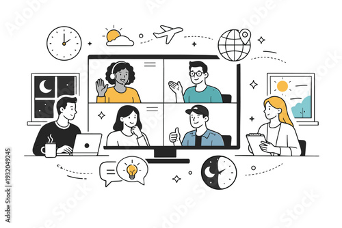 Remote collaboration across time zones. Distributed team members joining a shared video call from different clocks and windows, exchanging ideas calmly despite