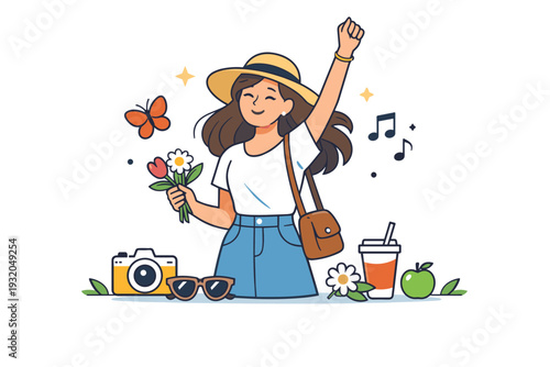 Spring female lifestyle casual outdoor moment with simple accessories and nature accents, communicating freedom, confidence and everyday joy. A