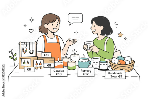 Handmade craft market. A vendor presenting handmade products on a tidy table while chatting with a customer. Warm, welcoming interaction with simple price tags