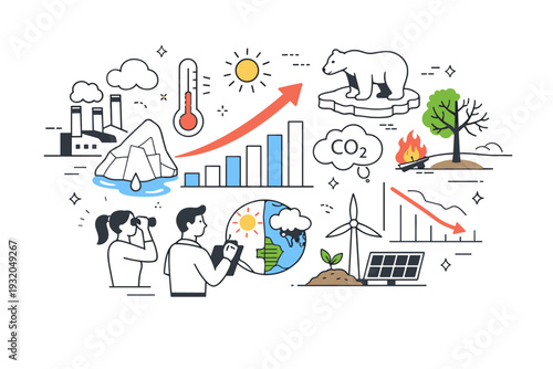 Climate change. Abstract editorial-style illustration where charts, symbols, and natural elements visualize rising trends and environmental shifts. The scene