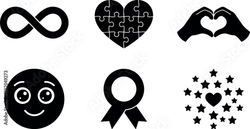Flat minimalist design icon set love and award symbols infinity puzzle heart hands heart smiling face ribbon badge star burst
