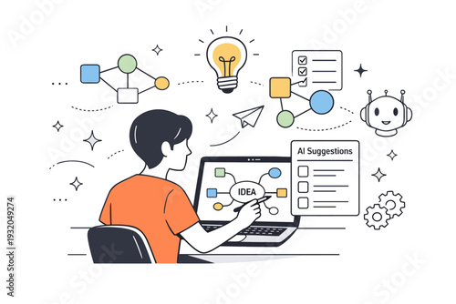 AI-inspired mind mapping. A person creating a digital mind map with AI suggestions, abstract floating icons of nodes, lightbulbs, and stars highlighting idea