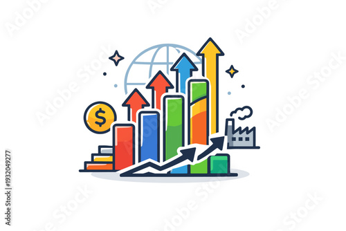 BRICS economies expressing rising influence in global markets. A compact scene combining upward motion lines and stable geometric forms to