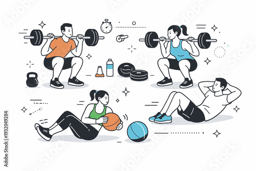 Football preseason conditioning. Strength and conditioning session with athletes performing squats and core exercises, barbells and medicine balls nearby,