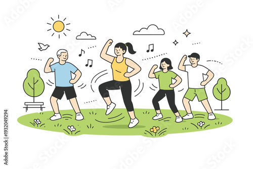 Outdoor dance classes in parks. Morning dance session on green grass, instructor leading simple moves while participants follow calmly, fresh spring energy and